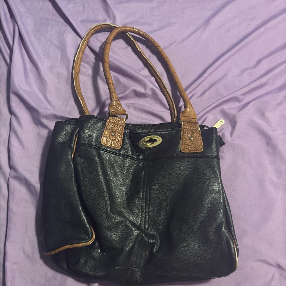 Franco Sarto Black Tote with Tan Croc-Effect Handles